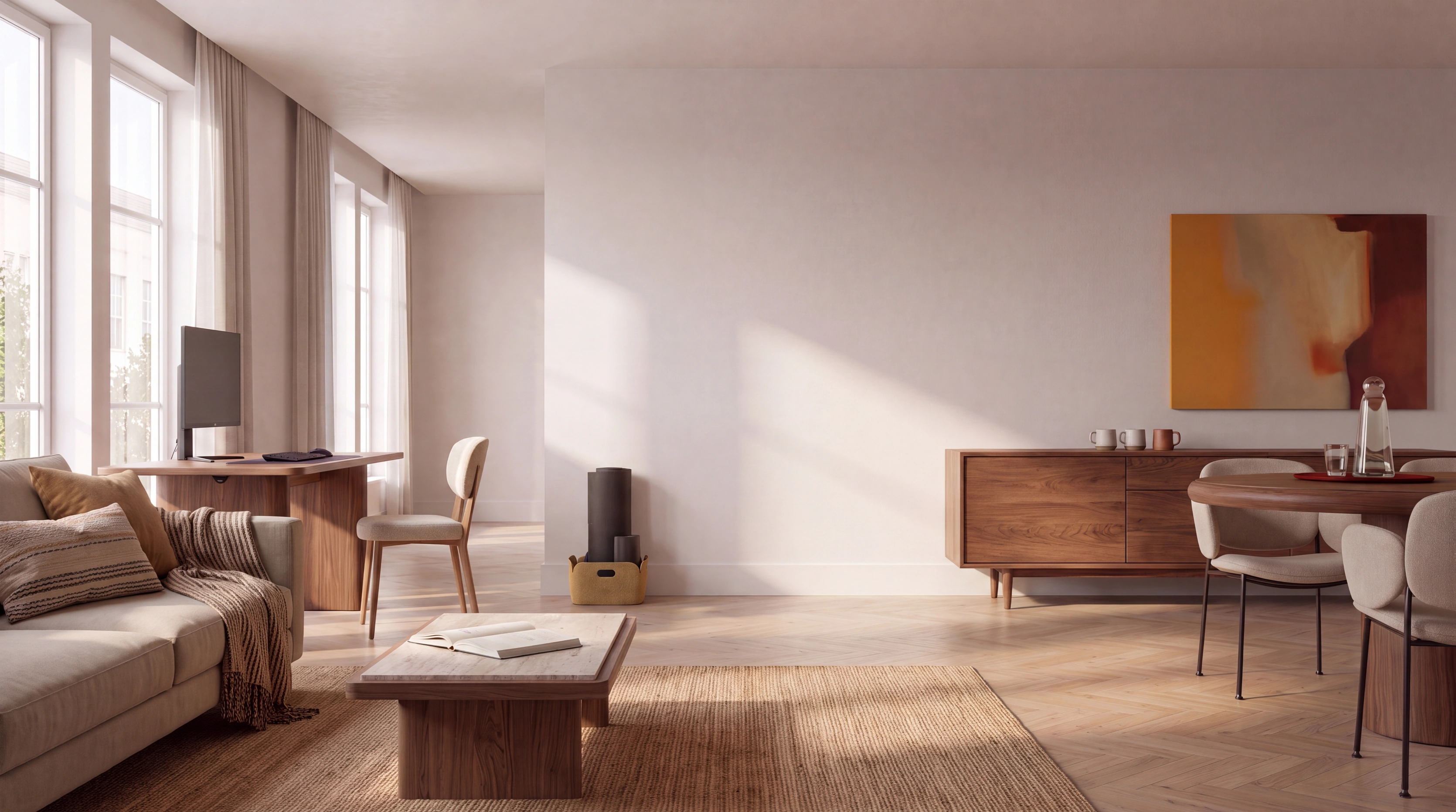 Warm living and dining space ready for flexible home hardware